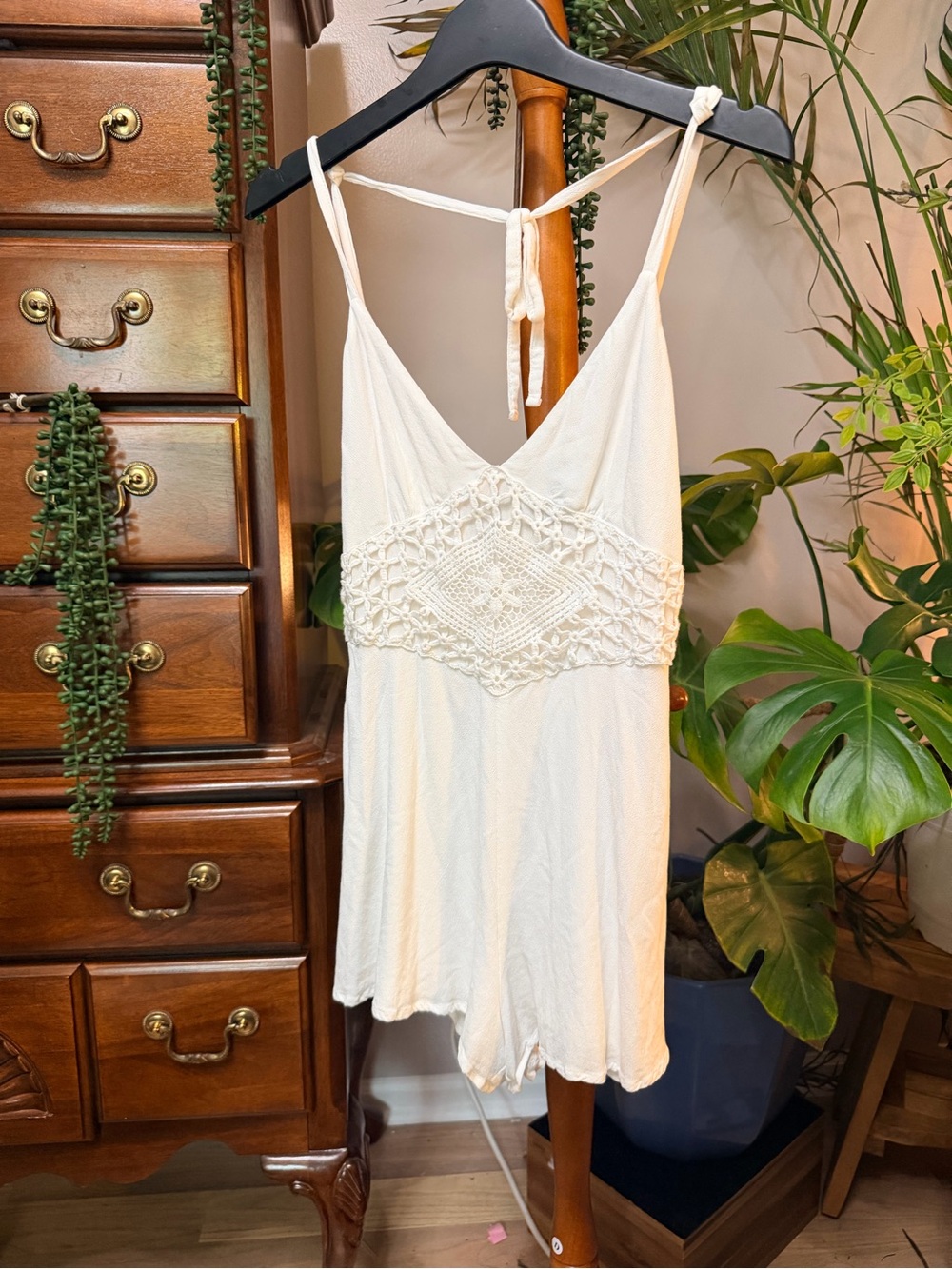 Cream Crochet-Front  tank Top Romper